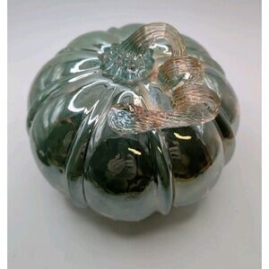 Hand blown Glass Pumpkin Swirl Sage Green Ribbon Fall Autumn Harvest Table Decor